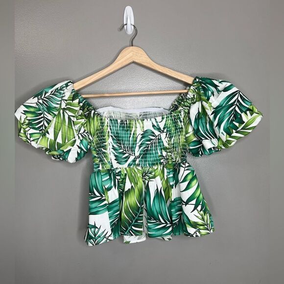 Autumn Adeigbo Marie’s blouse palm tree print smocked puff sleeves size 4 island - Picture 3 of 10